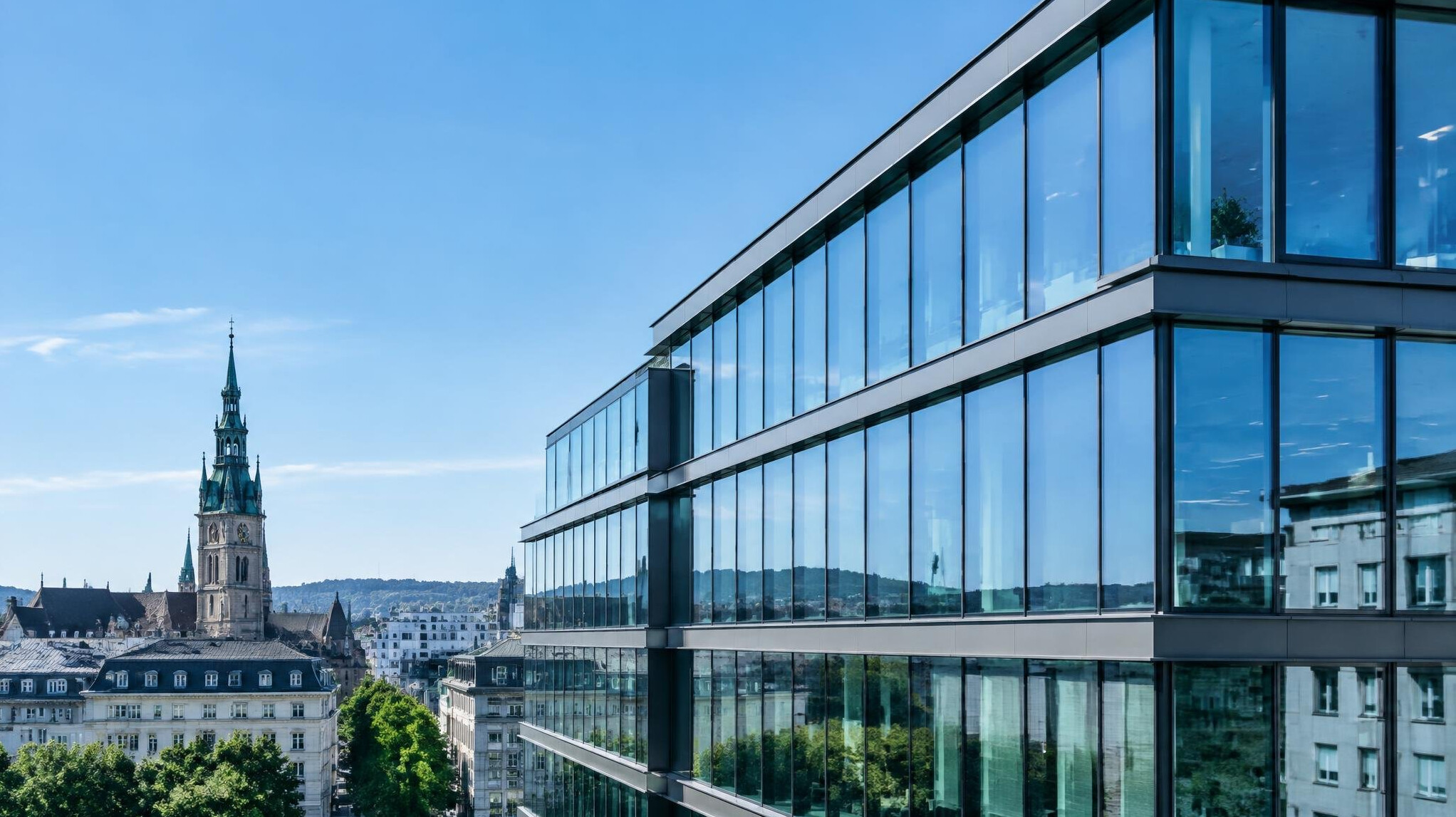 Modern office building facade under a clear sky
