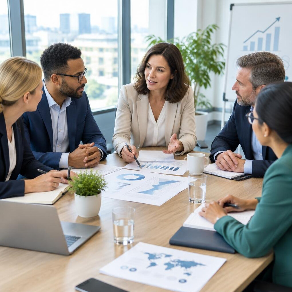 Diverse business leaders discussing future scenarios around a meeting table