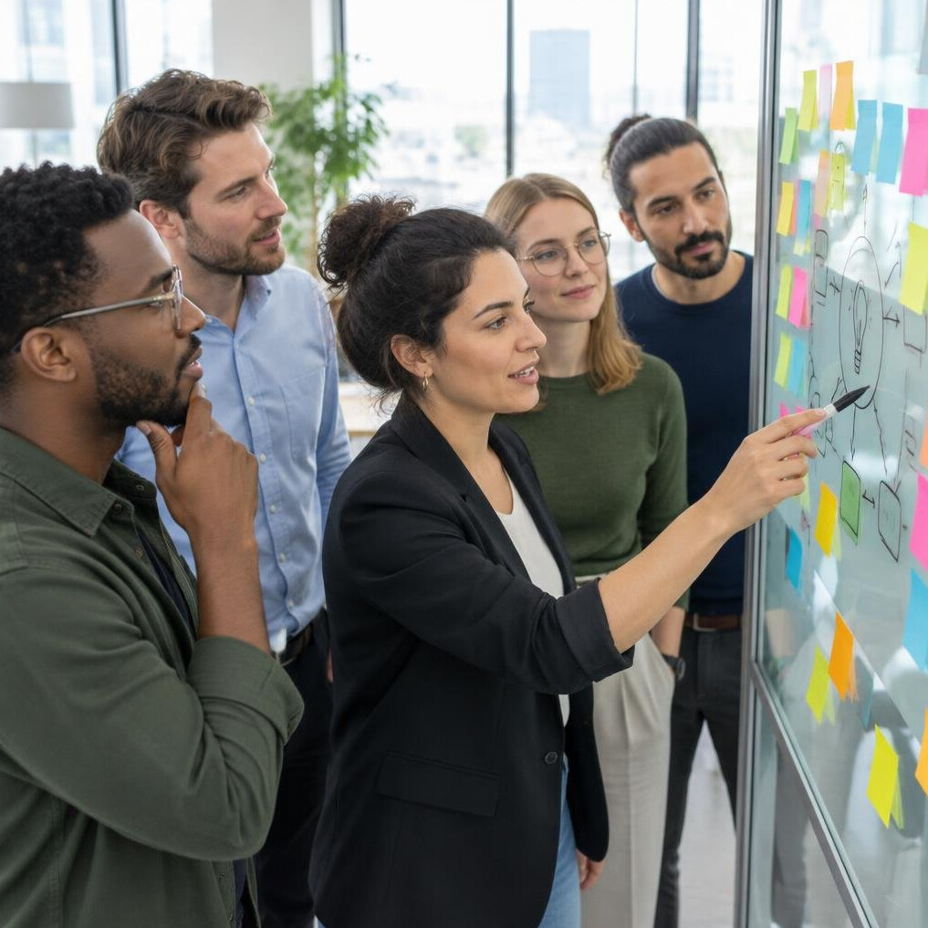 Diverse team collaborating around a whiteboard covered with sticky notes