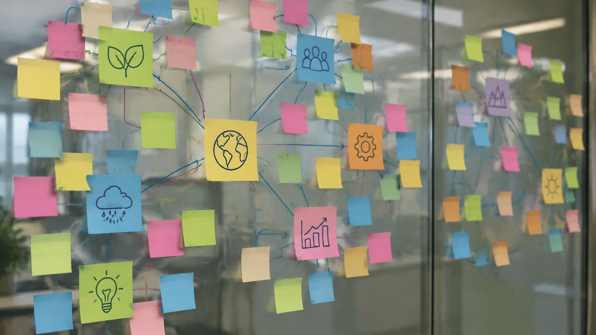 Close-up of a glass wall covered with colorful sticky notes mapping ideas