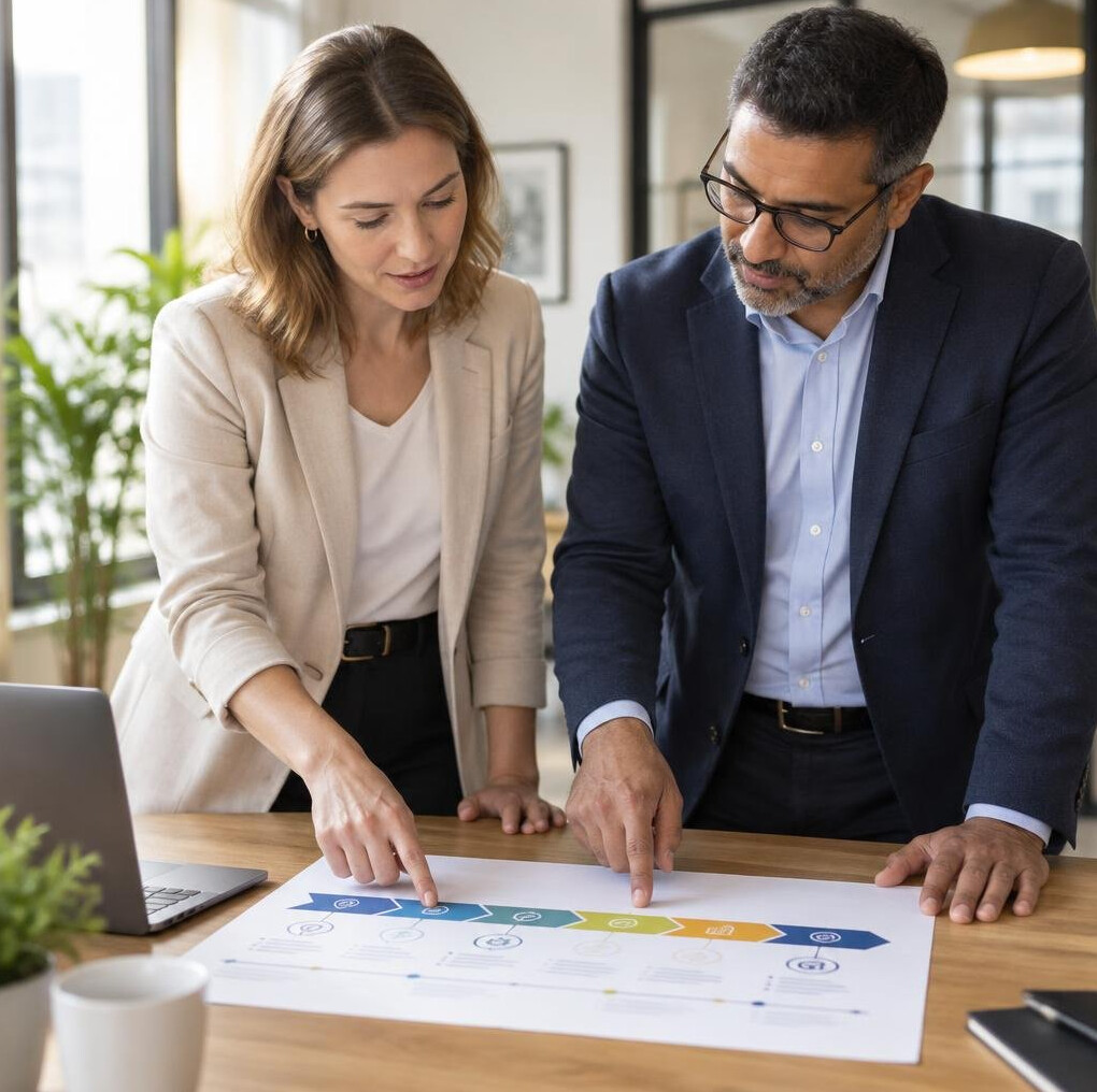 Two colleagues reviewing a strategic roadmap document together