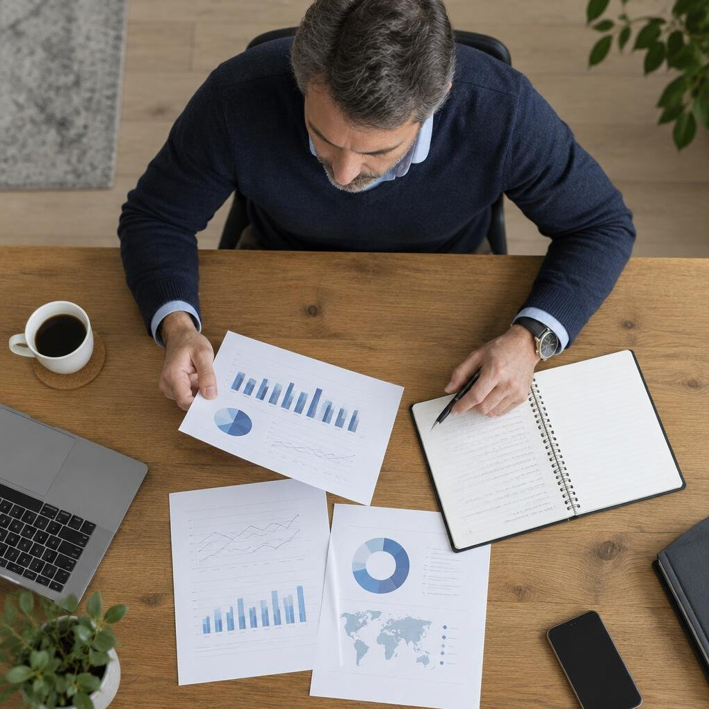 Professional reviewing printed reports and charts at a desk from above