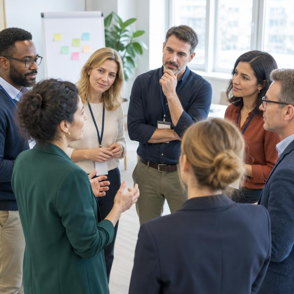 Diverse group of professionals standing in a discussion circle