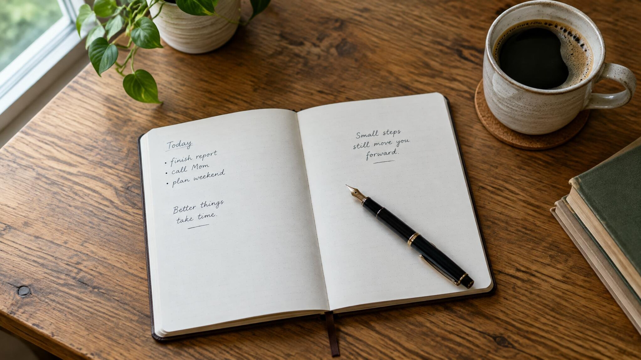 Open notebook with pen and coffee cup on a wooden desk